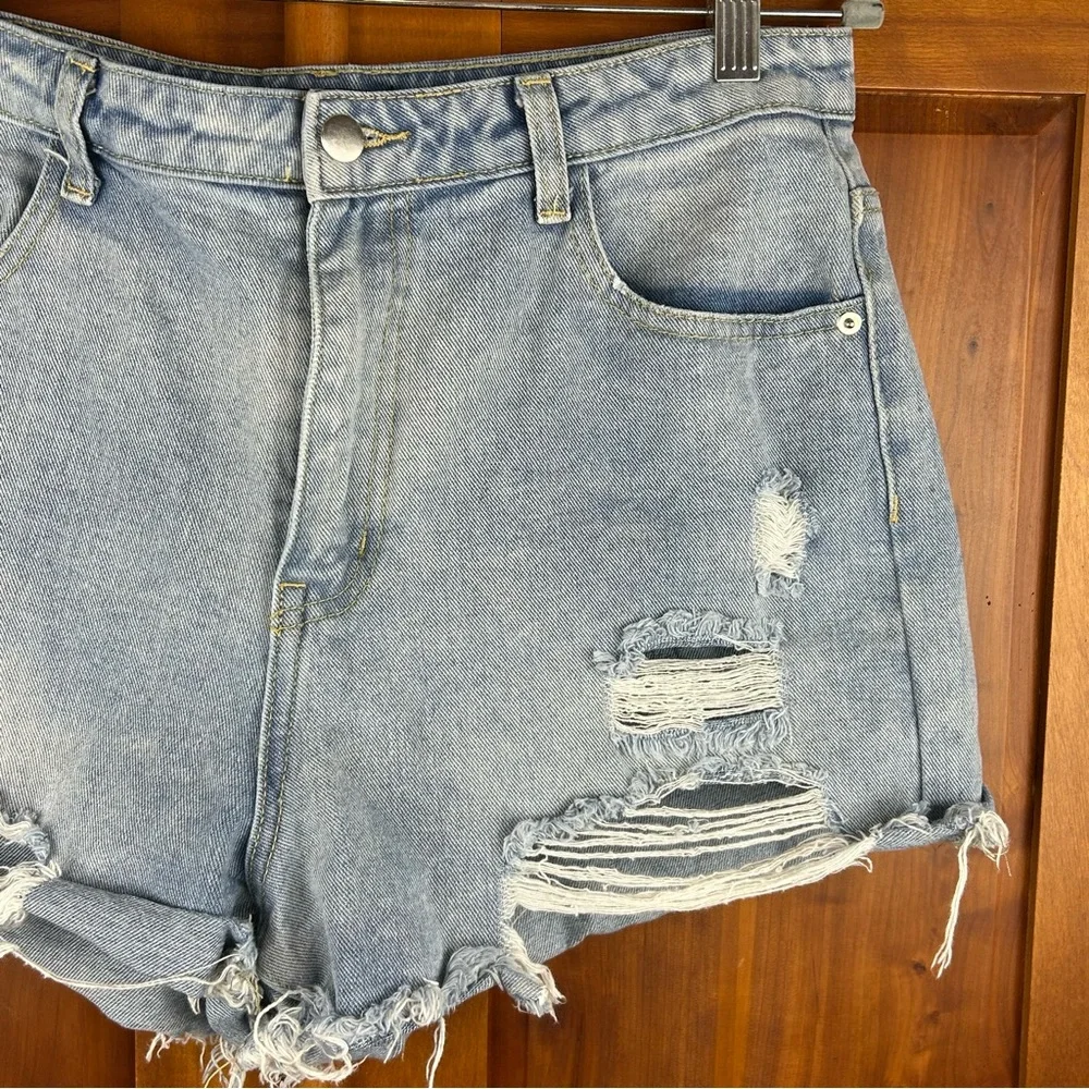 PRETTY LITTLE THING Distressed Denim Blue High Waist Shorts Festival Hippie